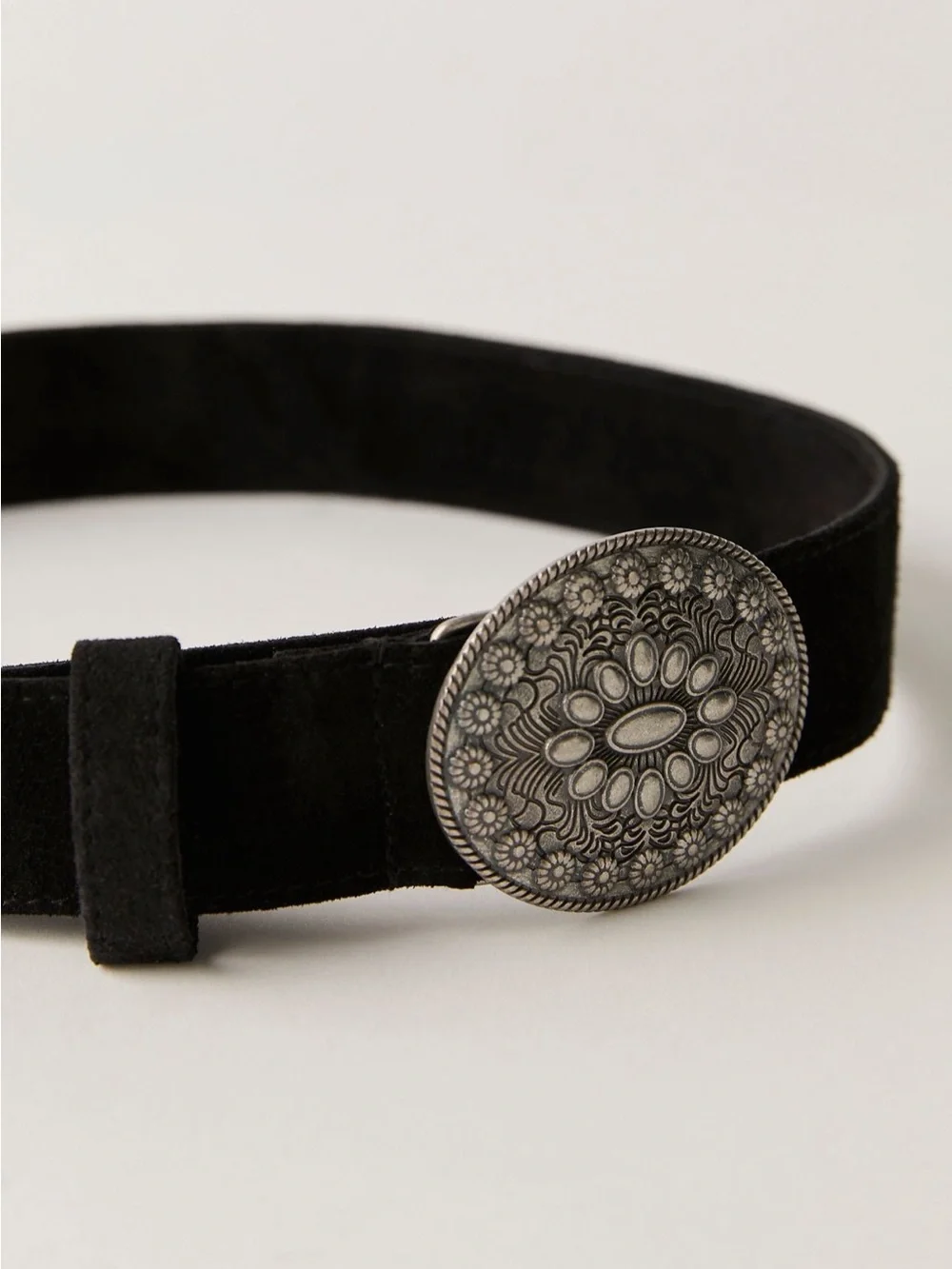 Silver Floral Western Buckle on Black Suede Belt